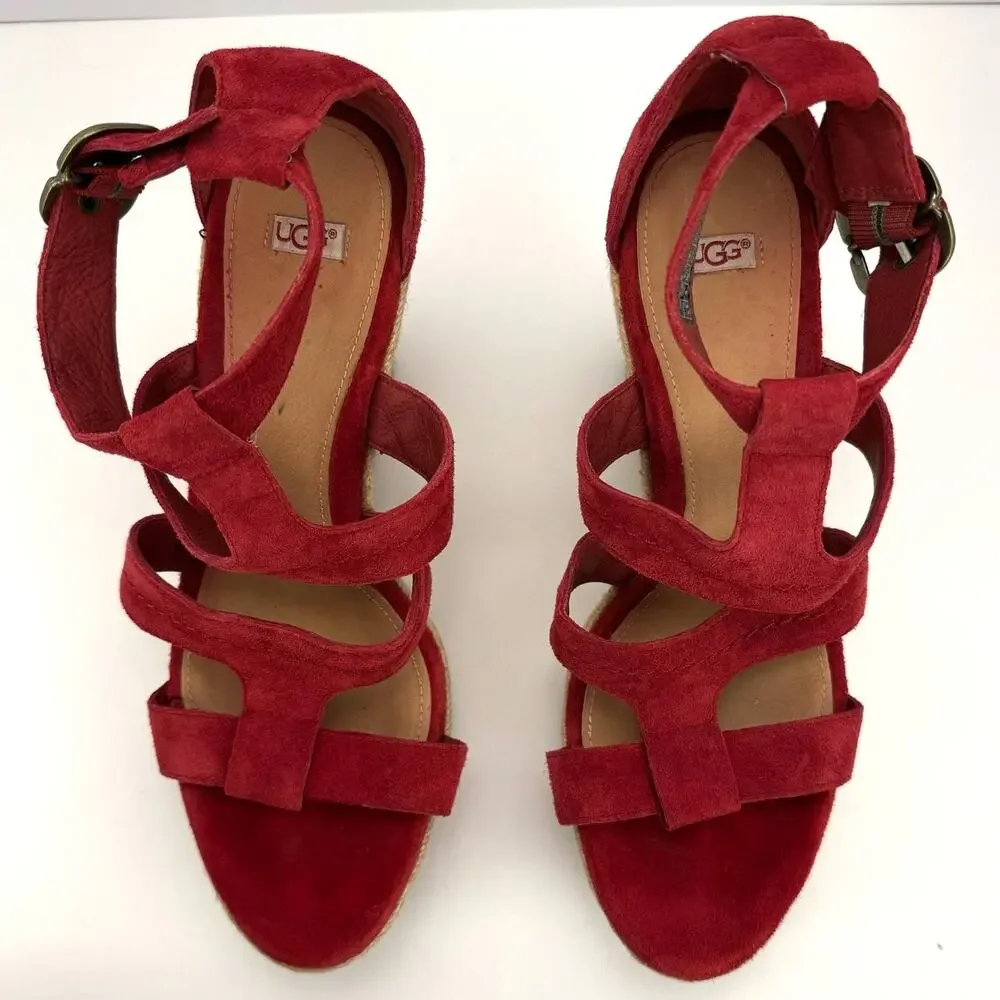 Ugg‎ Red Lauri Suede Leather Espadrille Platform Wedge Sandals Sz 9.5